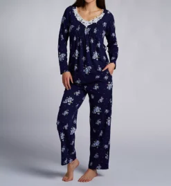Carole Hochman Navy Bouquet Floral – Lace Trim V-Neck 100% Cotton Knit 2-Piece PJ Set -Her Room US carole hochman caho01 ch92668 fs