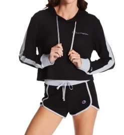 Champion Women's White and Black Cropped Hacci Knit Sleep Set - Hooded Pajama Lounge Set -Her Room US champion chmp01 cslchs fs