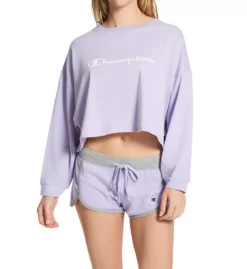 Champion Script Logo Long Sleeve Sleep Crop Tee – Loose Fit Boxy Pajama Top -Her Room US champion chmp01 cslcpt cs6