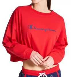 Champion Script Logo Long Sleeve Sleep Crop Tee – Loose Fit Boxy Pajama Top