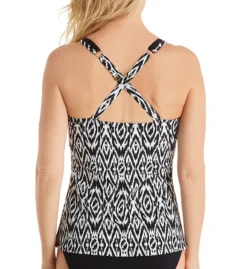 Christina Black & White Ikat Dynamic Nature – Gold Button Crossback V-Neck Tankini Top -Her Room US christina chrs01 dn5080 bs