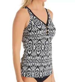 Christina Black & White Ikat Dynamic Nature – Gold Button Crossback V-Neck Tankini Top