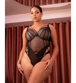 Curvy Kate Scantilly Senses Black Sheer Mesh - Harness Detail Underwire Plunge Bodysuit -Her Room US curvy kate cuka01 st7704 cs1
