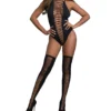 Dreamgirl Black Strappy Lace-Up Teddy with Matching Thigh Highs – High Neck Sexy Bodysuit Set