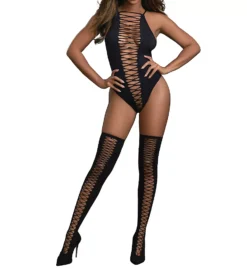 Dreamgirl Black Strappy Lace-Up Teddy with Matching Thigh Highs – High Neck Sexy Bodysuit Set