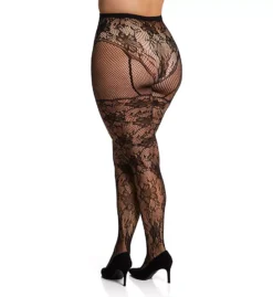 Dreamgirl Plus Size Black Floral Lace and Fishnet Pantyhose with Faux Garter Detail -Her Room US dreamgirl dg001 0346x bs