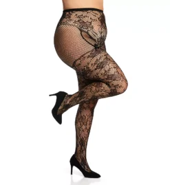 Dreamgirl Plus Size Black Floral Lace and Fishnet Pantyhose with Faux Garter Detail -Her Room US dreamgirl dg001 0346x cs1