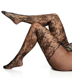 Dreamgirl Plus Size Black Floral Lace and Fishnet Pantyhose with Faux Garter Detail