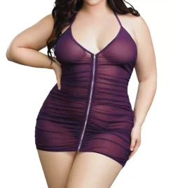 Dreamgirl Plus Size Black Sheer Mesh Zip Up Ruched Chemise & G-String Set