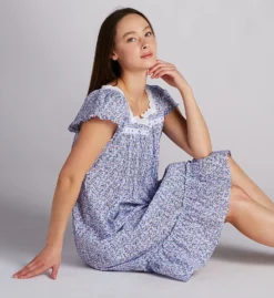 Eileen West Pink & Purple Ditsy Floral – Embroidered Eyelet Lace 100% Cotton Waltz Nightgown