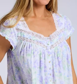 Eileen West 50" White Cotton Lawn Cap Sleeve Button Front Robe - Vintage Lace Trim Nightgown -Her Room US eileen west eilw01 e50086 cs1