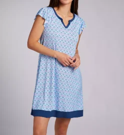Ellen Tracy Geo Blue Geometric Print Flutter Sleeve Knit Chemise