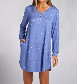 Ellen Tracy Brushed Sweater Knit Long Sleeve Sleepshirt – Heather Grey Henley V-Neck with Pockets