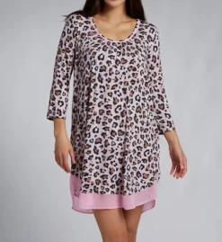 Ellen Tracy Leopard Print Sleep Chemise – 3/4 Sleeve Nightgown with Pink Chiffon Trim