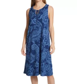 Ellen Tracy Blue Paisley Striped Sleeveless Midi Sleepshirt - Lightweight Lounge Gown