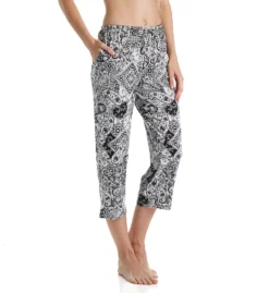 Ellen Tracy Blue Paisley Cropped Sleep Pant – Lightweight Rayon Knit Lounge Bottoms