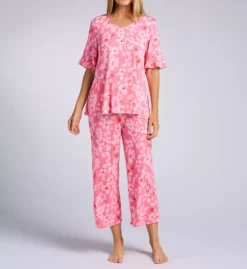 Ellen Tracy Floral Print Short Sleeve PJ Set – V-Neck Ruffle Top & Cropped Pants -Her Room US ellen tracy elen01 n70027 fs
