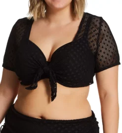 Elomi Bazaruto Sheer Macrame Diamond Knit Front-Tie Beach Top – Short Sleeve Swim Cover Up