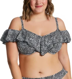 Elomi Pebble Cove Black and White Bubble Print Off-the-Shoulder Ruffle Underwire Bikini Top - ES1106 -Her Room US elomi elom01 es1106 fs