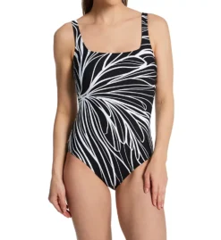Gottex Buona Sera Black with White Floral Outline – Square Neck Tummy Control One Piece Swimsuit