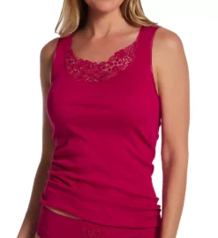 HANRO Michelle Mercerized Cotton Tank Top – Sheer Floral Lace Trim Seamless Camisole