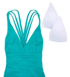 La Blanca Island Goddess Deep Teal Multi-Strap Mio – Ruched V-Neck One Piece Swimsuit with Tummy Control -Her Room US la blanca labl01 lb0ig22 cs2