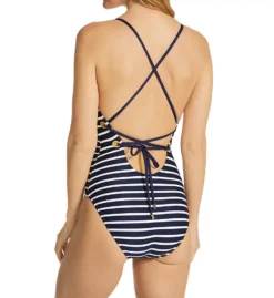 La Blanca Capri Stripe Navy and White Textured X-Back Mio One Piece Swimsuit -Her Room US la blanca labl01 lb1vb24 bs