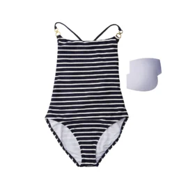 La Blanca Capri Stripe Navy and White Textured X-Back Mio One Piece Swimsuit -Her Room US la blanca labl01 lb1vb24 cs6