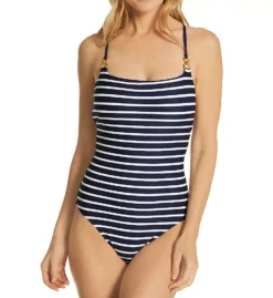 La Blanca Capri Stripe Navy and White Textured X-Back Mio One Piece Swimsuit -Her Room US la blanca labl01 lb1vb24 fs