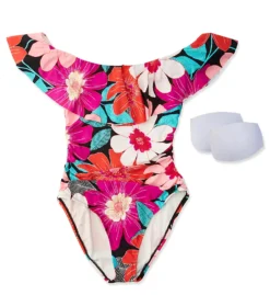 La Blanca In Full Bloom Navy Floral – Off-The-Shoulder Ruffle One-Piece Swimsuit -Her Room US la blanca labl01 lb2cj11 cs6