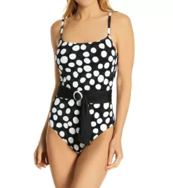 La Blanca Black with White and Grey Polka Dots – Belted Mio Tummy Control One Piece Swimsuit