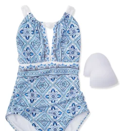 La Blanca Ocean Blue & White Tile – Mediterranean Breeze High Neck Slimming One-Piece Mio -Her Room US la blanca labl01 lb2cz27 cs5