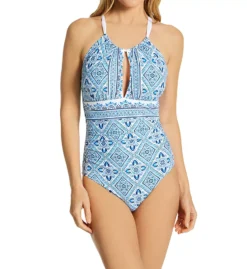 La Blanca Ocean Blue & White Tile – Mediterranean Breeze High Neck Slimming One-Piece Mio -Her Room US la blanca labl01 lb2cz27 fs