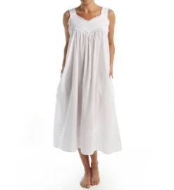 La Cera 100% Cotton Woven Embroidered Pinafore Gown with Faux Pearls - Sleeveless V-Neck Nightgown -Her Room US la cera lace01 1205g fs