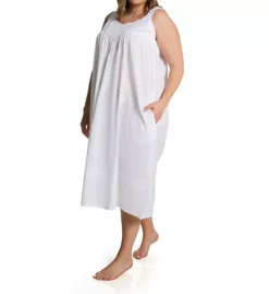La Cera Plus Size 100% Cotton Embroidered Pinafore Gown - Sleeveless White Sleepwear with Pockets -Her Room US la cera lace01 1205gx fs