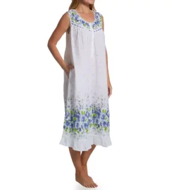 La Cera 100% Cotton Sleeveless Border Print Gown – Lightweight Mid-Length Nightgown with Pockets -Her Room US la cera lace01 1209g fs
