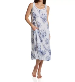 La Cera Blue Floral 100% Cotton Sleeveless Nightgown - Lace Yoke Ruffle Hem -Her Room US la cera lace01 1211g fs