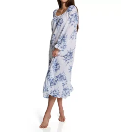 La Cera Blue Floral 100% Woven Cotton Button-Front Robe - Victorian Style Queen Anne Neckline Nightgown -Her Room US la cera lace01 1211r fs