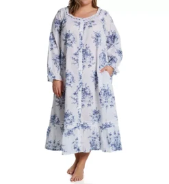 La Cera Plus Size Floral Woven Cotton Button-Front Robe – Lace-Trimmed Queen Anne Nightgown