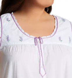 La Cera Plus Size White with Lavender Embroidery – Ruffled Sleeveless 100% Cotton Nightgown -Her Room US la cera lace01 1283gx cs1