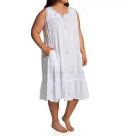 La Cera Plus Size White with Lavender Embroidery – Ruffled Sleeveless 100% Cotton Nightgown -Her Room US la cera lace01 1283gx fs