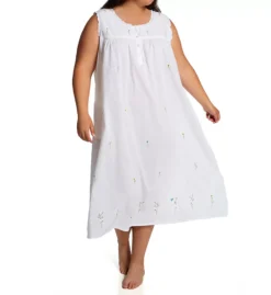 La Cera Plus Size 100% Woven Cotton Sleeveless Nightgown – Floral Embroidered with Ruffle Trim and Pockets