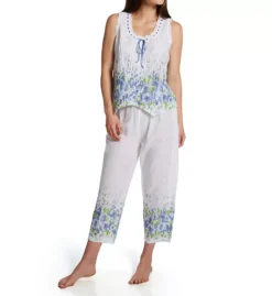 La Cera 100% Cotton Woven Sleeveless Floral Pajama Set – Ruffled Trim & Capri Pants