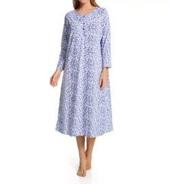 La Cera Blue and White Floral 100% Cotton Knit Long Sleeve Nightgown