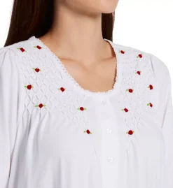 La Cera White Cotton Knit Red Rose Smocked Long Sleeve Nightgown -Her Room US la cera lace01 1538 cs1