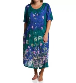 La Cera Plus Size Floral Painted Rayon - Button Front Short Sleeve Long Lounge Dress -Her Room US la cera lace01 2708x fs