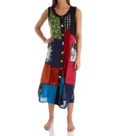 La Cera Button Front Patchwork Rayon Lounge Dress - Sleeveless Mismatched Button Sleepwear -Her Room US la cera lace01 2746 fs