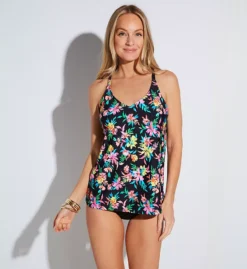 Leilani Black Floral Print Racerback Tankini - Underwire Shelf Bra Swim Top -Her Room US leilani lei01 l720163 cs2