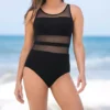 Leonisa Glossy Black Sheer Mesh Tummy-Slimming One Piece Swimsuit with Contour Cups -Her Room US leonisa leo001 190674b gs