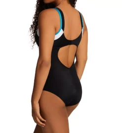 Leonisa Teal Color Block with Fishnet Overlay – Sporty Slimming One Piece Swimsuit -Her Room US leonisa leo001 190698b bs